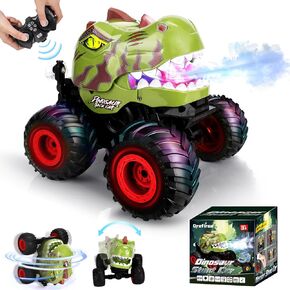 Remote Control Dinosaur Car for Boys Age 4-7 8-12, 50min+ Runtime Monster Truck Toy with Spray, Light, Music, 360 Rotating, 90 Driving, All Terrain Dinosaur Toy for Kid Birthday Xmas Gift