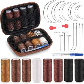 Fedmut Hair Needle and Thread Hair Extension Kit, 8 Rolls Hair Extension Thread with 18 T/C/J/I Needles for Hair Extensions, Wig Making, Hand Sewing and Leather Repairing Craft