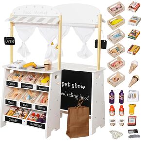 Kids Grocery Store Playset,Pretend Play Store Toy & Wooden Supermarket Shopping Cart with Toy Cash Register, Play Money&Blackboard;26PCS Food Toys Shop for 3+ year old boys girls toddler baby