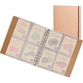PABCK 100 Pockets Kraft Paper Binder Sheet Garden Seeds Packet Storage Book 4 Side Loading (Slot Size 3.62x5.19 inch) Plastic Clear 25 Sheet Protector Seed Envelopes Organizer Photo Album Card Sleeves