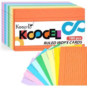 Koogel Index Cards 4 x 6 Inch, 180 Count, Ruled Lined both Side, 9 Assorted Colors, Flash Cards for Studying and Office