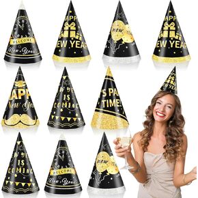 JUNEBRUSHS 24PCS Happy New Years Eve Party Hats, Adjustable 2025 Happy New Year Hats New Years Eve Paper Cone Hat for Happy New Year Decorations New Years Eve Party Supplies