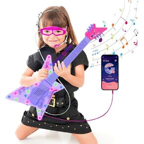 Guitar and Microphone Play Set for Girls,Karaoke Machine with Music&Light,Microphone Toys with Stand,Adjustable Height Guitar Toys for Kids,Toddlers,Child(Red)