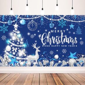 Christmas Party Decorations Christmas and Happy New Year Banner for Xmas New Years Eve Party Supplies, 71x43inch (Blue Silver)