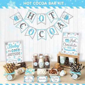 Hot Cocoa Bar Kit, Blue Silver Snowflake Hot Cocoa Banner Bar Sign Hot Chocolate Toppings Labels Cup Tags Stickers for Frozen Party Winter Wonderland Birthday Baby Shower Baby It's Cold Outside Decora