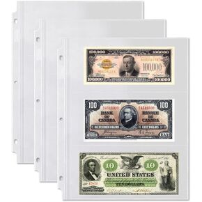 Dunwell Binder Currency Sleeves for Collectors - (25 Pack), Acid-Free 3-Pocket Clear Plastic Currency Pages for Three Ring Binder, Refill Currency Binder Pages for Bills, Banknotes or Coupons