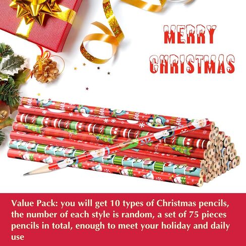 75 قطعة من أقلام رصاص عيد الميلاد من PLULON مع ممحاة أقلام رصاص للعطلات مع عناصر عيد الميلاد من سانتا كلوز، الأيائل، الزلاجة، الجرس لمستلزمات حفلات عيد الميلاد، أقلام خشب عيد الميلاد in Kuwait