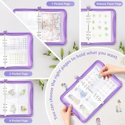 ألبوم تجميع كتب تخزين الملصقات القابل لإعادة الاستخدام للبالغين مع ورق تحرير فارغ وجيب وحليات DIY، ألبوم مجلد ملصقات بتصميم سحاب لتجميع الملصقات (أرجواني) in Kuwait