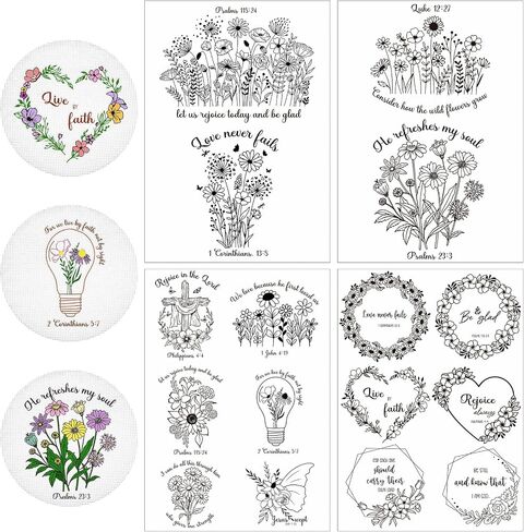 Rngmsi Water Soluble Embroidery Patterns - 4 Sheets Bible Flower Designs Stick and Stitch Embroidery Paper Wash Away 16 Pcs Christian Embroidery Transfer Patterns Stabilizers for Hand Sewing in Kuwait