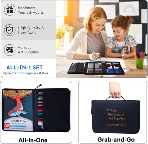 77 Pack Drawing Set Art Supplies,Drawing Supplies with 3-Color Sketch Book, Colored, Graphite, Charcoal, Watercolor&Metallic Pencil, Art Set For Girls Boys Kids Teen ages Beginner in Saudi Arabia