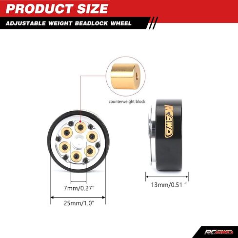 RCAWD 1.0'' 6pcs Brass Block Adjustable Weight Beadlock 7mm Hex Wheels Rims for 1/24 1/18 RC Crawler SCX24 AX24 FCX24 FCX18 HobbyPlus CR18P FMS 1:24 1:18 36.2g*4pcs Cyberwheelz Black in Saudi Arabia