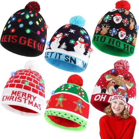 Blowata Christmas Hat Light Up Christmas Knitted Beanie Hat, Cute Cartoon Design Xmas Knit Cap with 6 Colorful LED Lights in Saudi Arabia