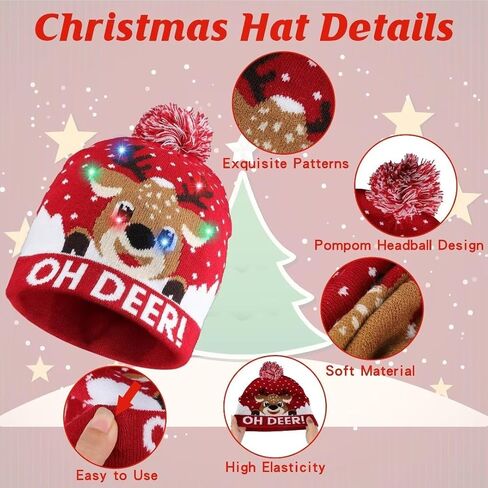 Blowata Christmas Hat Light Up Christmas Knitted Beanie Hat, Cute Cartoon Design Xmas Knit Cap with 6 Colorful LED Lights in Saudi Arabia