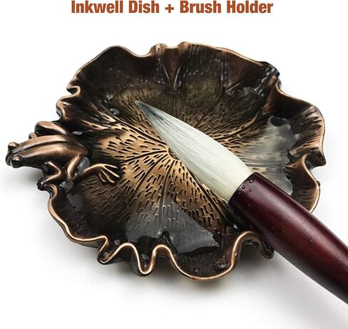 Bronze Multifunctional Inkwell Inkstone with Brush Holder for Chinese Japanese Calligraphy Painting Practice (Ink Dish + Brush Rest) Beautiful, Durable, Practical, Full-Featured（WA1） in Saudi Arabia
