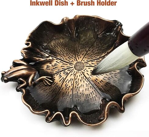 Bronze Multifunctional Inkwell Inkstone with Brush Holder for Chinese Japanese Calligraphy Painting Practice (Ink Dish + Brush Rest) Beautiful, Durable, Practical, Full-Featured（WA1） in Saudi Arabia