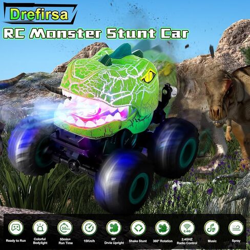 Remote Control Dinosaur Car for Boys Age 4-7 8-12, 50min+ Runtime Monster Truck Toy with Spray, Light, Music, 360 Rotating, 90 Driving, All Terrain Dinosaur Toy for Kid Birthday Xmas Gift in Saudi Arabia