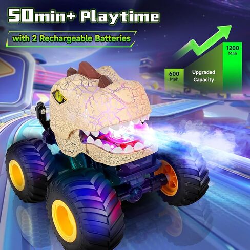 Remote Control Dinosaur Car for Boys Age 4-7 8-12, 50min+ Runtime Monster Truck Toy with Spray, Light, Music, 360 Rotating, 90 Driving, All Terrain Dinosaur Toy for Kid Birthday Xmas Gift in Saudi Arabia