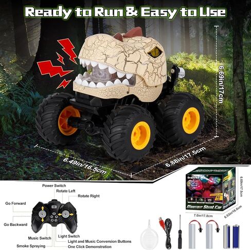 Remote Control Dinosaur Car for Boys Age 4-7 8-12, 50min+ Runtime Monster Truck Toy with Spray, Light, Music, 360 Rotating, 90 Driving, All Terrain Dinosaur Toy for Kid Birthday Xmas Gift in Saudi Arabia