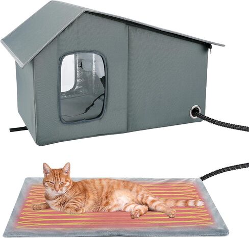 Heated Cat House - Waterproof Outdoor Cat Shelter for Winter with Thermostatic Heating Pad and Escape Door, Sturdy Warm Outside Pet House Cat Gifts for A Feral Cat Small Dog in Kuwait