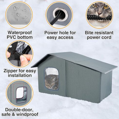 Heated Cat House - Waterproof Outdoor Cat Shelter for Winter with Thermostatic Heating Pad and Escape Door, Sturdy Warm Outside Pet House Cat Gifts for A Feral Cat Small Dog in Kuwait