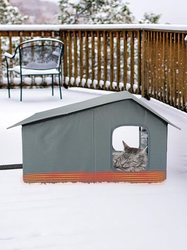 Heated Cat House - Waterproof Outdoor Cat Shelter for Winter with Thermostatic Heating Pad and Escape Door, Sturdy Warm Outside Pet House Cat Gifts for A Feral Cat Small Dog in Kuwait