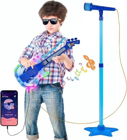 Guitar and Microphone Play Set for Girls,Karaoke Machine with Music&Light,Microphone Toys with Stand,Adjustable Height Guitar Toys for Kids,Toddlers,Child(Red) in Saudi Arabia