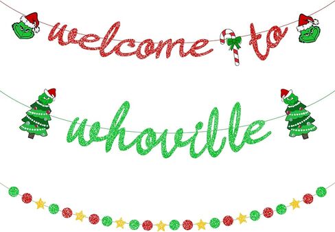 مرحبًا بكم في زينة عيد الميلاد Whoville Banner Grinch، لا توجد لافتة عيد الميلاد DIY لزينة عيد الميلاد Whoville، خلفية Whoville لديكورات حفلات Grinch، لافتة زينة Whoville Grinch in Saudi Arabia