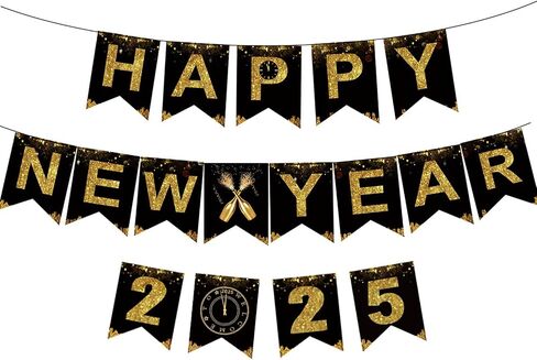 KALOR Happy New Year Banner, Black Gold Happy New Year 2025 Sign for Happy New Year Decorations 2025 New Years Eve Party Decorations in Saudi Arabia