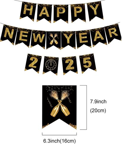 KALOR Happy New Year Banner, Black Gold Happy New Year 2025 Sign for Happy New Year Decorations 2025 New Years Eve Party Decorations in Saudi Arabia