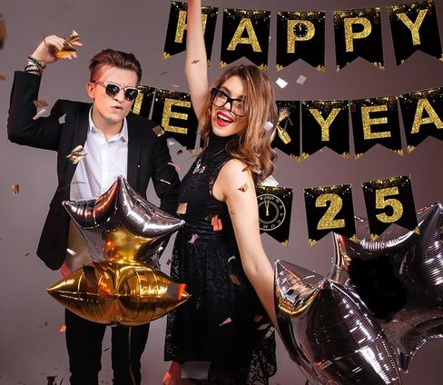 KALOR Happy New Year Banner, Black Gold Happy New Year 2025 Sign for Happy New Year Decorations 2025 New Years Eve Party Decorations in Saudi Arabia