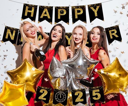 KALOR Happy New Year Banner, Black Gold Happy New Year 2025 Sign for Happy New Year Decorations 2025 New Years Eve Party Decorations in Saudi Arabia