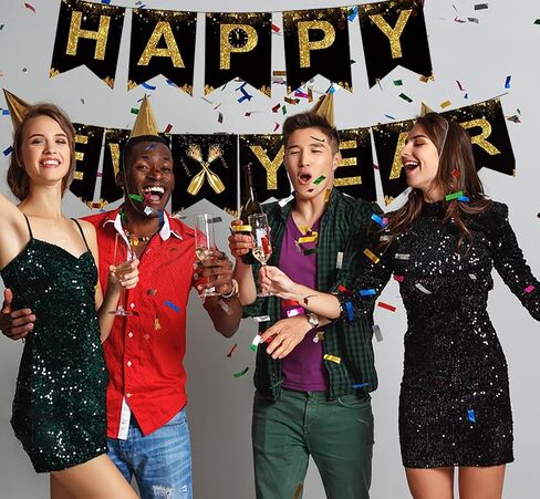 KALOR Happy New Year Banner, Black Gold Happy New Year 2025 Sign for Happy New Year Decorations 2025 New Years Eve Party Decorations in Saudi Arabia