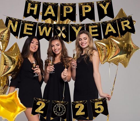 KALOR Happy New Year Banner, Black Gold Happy New Year 2025 Sign for Happy New Year Decorations 2025 New Years Eve Party Decorations in Saudi Arabia