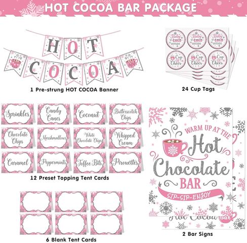 مجموعة ألواح الكاكاو الساخنة، ندفة الثلج الزرقاء الفضية، لافتة شريط الكاكاو الساخنة، لافتة شريط الشوكولاتة الساخنة، إضافات الشوكولاتة الساخنة، ملصقات علامات الأكواب للحفلة المجمدة، الشتاء، بلاد العجائب، عيد ميلاد الطفل، حمام الطفل، ديكور خارجي بارد in Kuwait