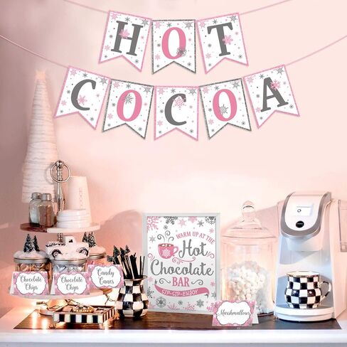 مجموعة ألواح الكاكاو الساخنة، ندفة الثلج الزرقاء الفضية، لافتة شريط الكاكاو الساخنة، لافتة شريط الشوكولاتة الساخنة، إضافات الشوكولاتة الساخنة، ملصقات علامات الأكواب للحفلة المجمدة، الشتاء، بلاد العجائب، عيد ميلاد الطفل، حمام الطفل، ديكور خارجي بارد in Kuwait