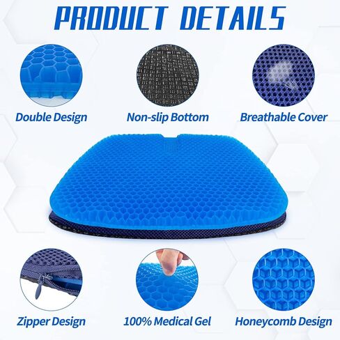 وسادة مقعد جل مع غطاءين، وسادة مقعد جل تبريد، وسادة مقعد سميكة كبيرة قابلة للتنفس، مناسبة لكرسي المكتب المنزلي والسيارة والكرسي المتحرك والرحلات الطويلة وألم عرق النسا (17 بوصة × 16 بوصة × 1.2 بوصة) in Kuwait