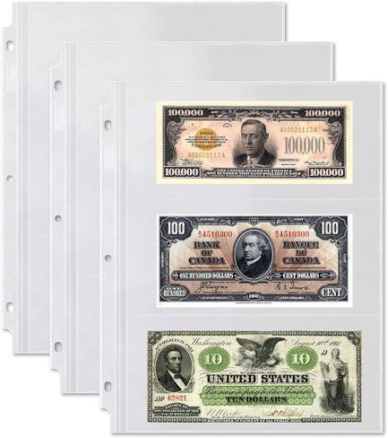Dunwell Binder Currency Sleeves for Collectors - (25 Pack), Acid-Free 3-Pocket Clear Plastic Currency Pages for Three Ring Binder, Refill Currency Binder Pages for Bills, Banknotes or Coupons in Saudi Arabia