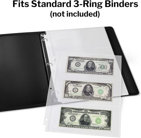 Dunwell Binder Currency Sleeves for Collectors - (25 Pack), Acid-Free 3-Pocket Clear Plastic Currency Pages for Three Ring Binder, Refill Currency Binder Pages for Bills, Banknotes or Coupons in Saudi Arabia