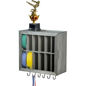 خزانة حامل حزام الفنون القتالية ذات 12 حجرة من الخشب الصلب الرمادي العتيق من MyGift مع لوحة عرض أكريليك شفافة، و6 خطافات تعليق من الأسلاك المعدنية السوداء لميداليات الجوائز in Kuwait