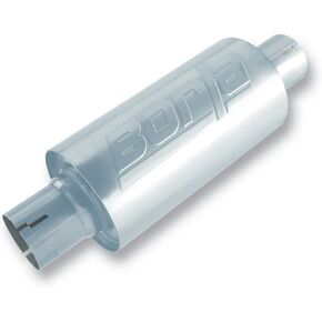 BORLA 40842S Specialty Universal Performance Muffler 2.5" Center Inlet / 2.5" Center Outlet 5" Round x 10" Long Body 15" Overall Length Un-Notched Necks Reversible Design T-304 Stainless Steel