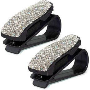 Glasses Holders for Car Sun Visor, 2 Pack Bling Crystal Rhinestones Fashion Car Eyeglasses Sunglasses Hanger Mount with Ticket Card Clip for Women Girls (Lake Blue)