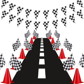Traffic Cones and Racing Checkered Flags Set-Include 12 Plastic Traffic Cones, 12 Checkered Flags With Sticks, 31 Ft Checkered Pennant Banner and 9.8 X 2 Ft Racetrack Floor Running Mat