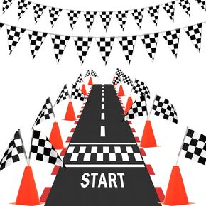AHIER Traffic Cones and Racing Checkered Flags, 38 Pcs Set -12 Plastic Traffic Cones With Hole, 24 Checkered Flags with Sticks, 6.5Ft Racetrack Floor Runner and 9.8ft Checkered Race Track Banner