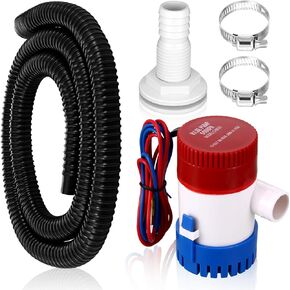 Lounsweer 5 Pcs Bilge Pump Plumbing Kit Including Bilge Pump Electric 12v Boat Bilge Water Pump PVC Bilge Pump Hose 2 Hose Clamps Thru Hull Fitting, 1-1/8-inch (Grey,1100gph)