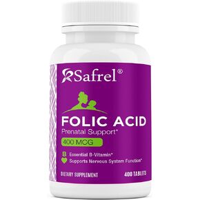 Safrel Folic Acid 400 mcg - Vitamin B9-400 Tablets, Essential Prenatal and Postnatal Vitamin for Fetal Development, Red Blood Cell Production, Cell and Neural Development | Non-GMO, Vegan