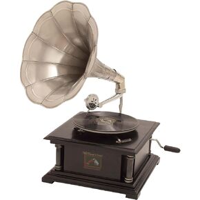 Deco 79 Metal Music Antique Gramophone with Brown Wooden Base, 9" x 12" x 17", Copper