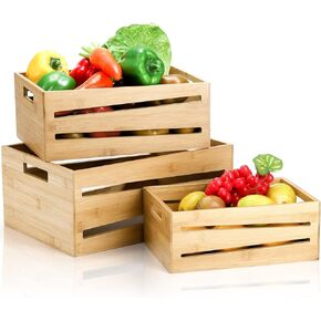AVLA 3 Pack Wooden Storage Crates, Rustic Nesting Container Bin with Handles, Decorative Farmhouse Wood Basket, Vintage Wood Box Display Risers for Home, Kitchen Pantry Cabinet, Shelf, Counter