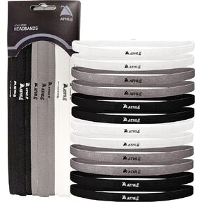 Athlé Skinny Headbands for Women and Men - 12 Pack - Elastic Hair Bands with Non Slip Silicone Grip - Lightweight and Comfortable Thin Headbands