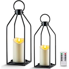 Homemory Modern Farmhouse Lantern Decor with Waterproof Flameless Candle & Remote Timer, 2PCS Black Metal Candle Lantern Decorative for Outdoor Indoor Home Living Room Patio Porch Table (Black)