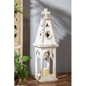 28" Tall Wooden Lantern Decorative Rustic, Vintage Church Decorative Candle Lantern, Distressed White Farmhouse Hurricane Candle Holder Floor Candle Holders for Garden Indoor Outdoor Wedding Home